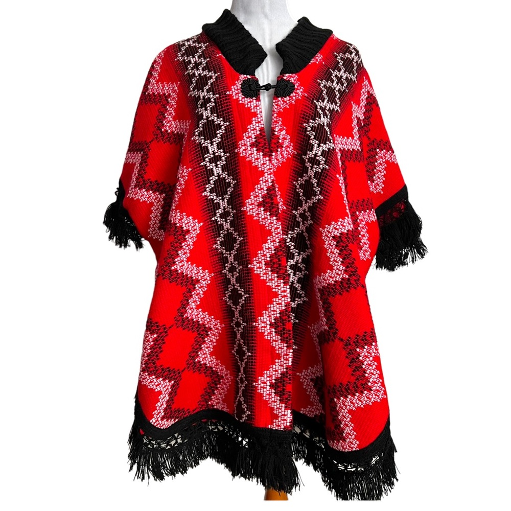 Vintage Knit Geometric Fringe Sweater Poncho Red + Black Chinese Knot Closure